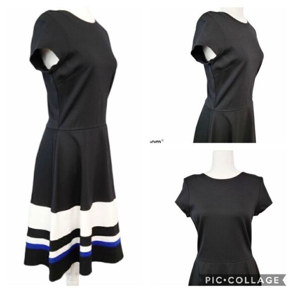 Love...Ady Fit & Flare Black White Royal Blue Flattering Dress Size Medium Crew - Picture 3 of 8